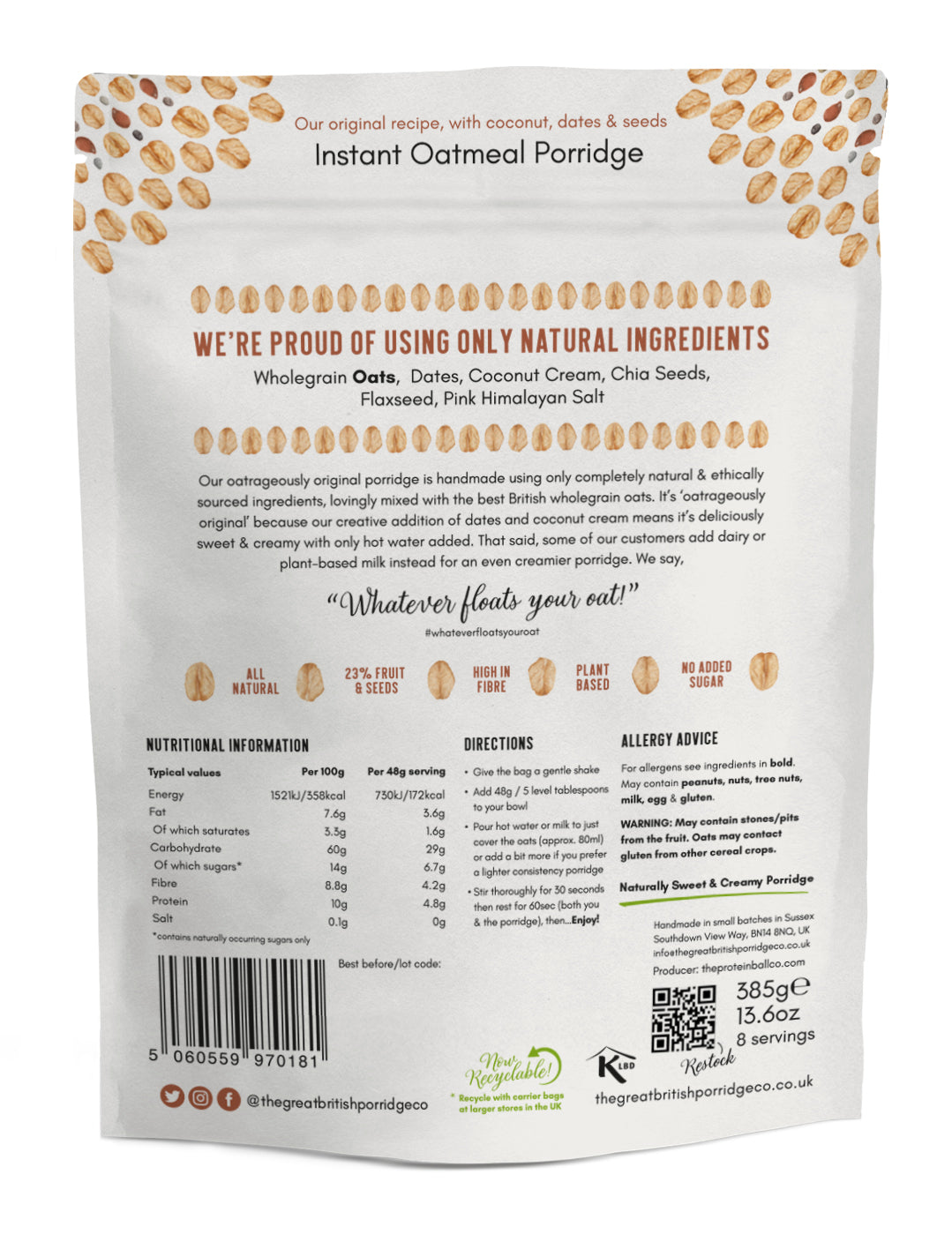 Oatrageously Original GF 100 Natural Porridge Pouch The Great